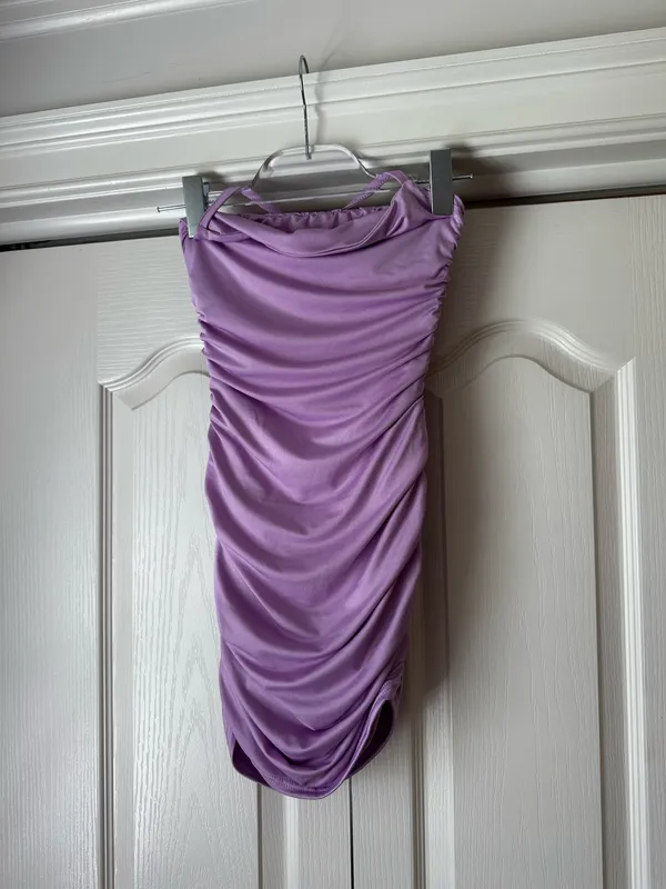 Hello Molly ruched lilac mini dress, with smooth and stretchy fabric that's breathable and comfortable! - Image 3