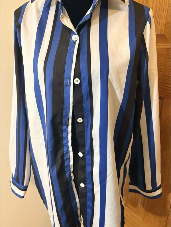 Alba Women's XL Striped Button-Up Shirt Blue White Black Long Sleeve Collared - Image 6