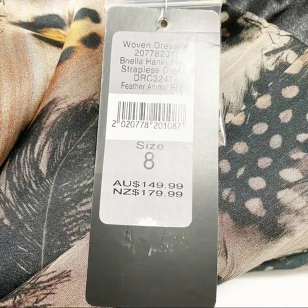 Forever New Briella Silk Strapless Hanky Hem Animal Feather Print Dress Size 8 - Image 3