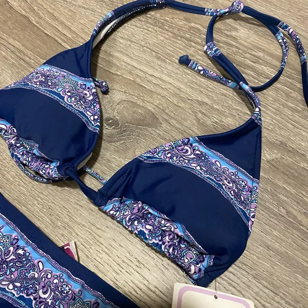 NWT Beach Stop Paisley Triangle Bikini Swim Set Medium Navy Purple - Image 4