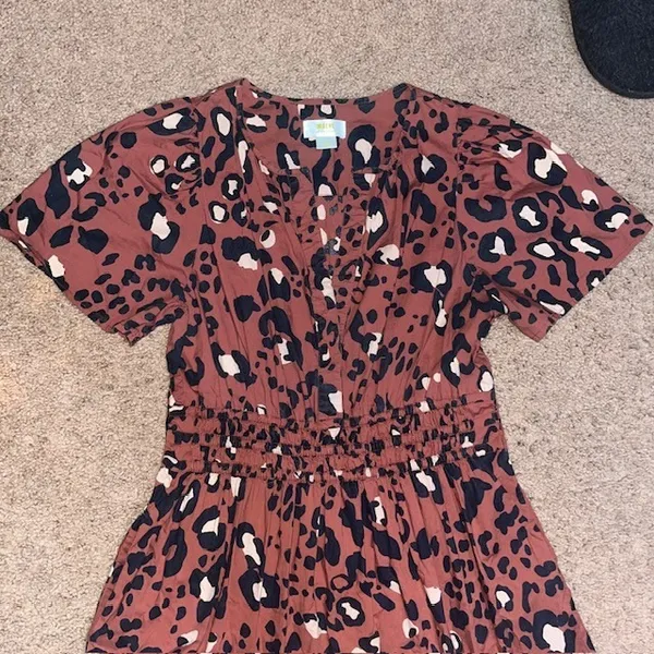 Anthropologie Somerset Maxi Dress Leopard Print Tiered Smocked Rust Brown Medium - Image 4