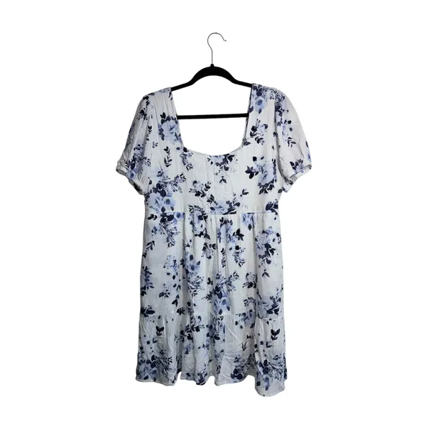 Maurices Floral Square Neck Babydoll Mini Dress White Blue Puff Sleeve - Image 2