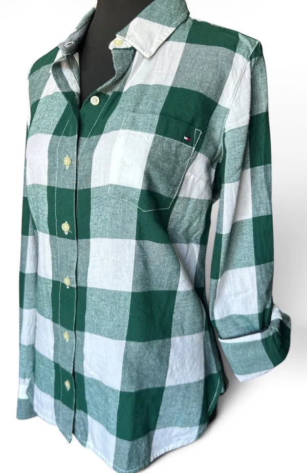 Tommy Hilfiger Womens Small S/P Green White Gingham Plaid Button Down Shirt - Image 3