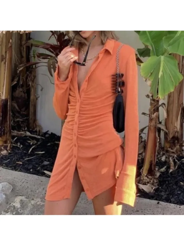 With Jean Orange Ruched Button-Front Dress - Image 6