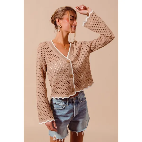 SO‎ ME Open Knit Light Weight Sweater Cardigan With Contrast Wavy Scallop Edge L - Image 5