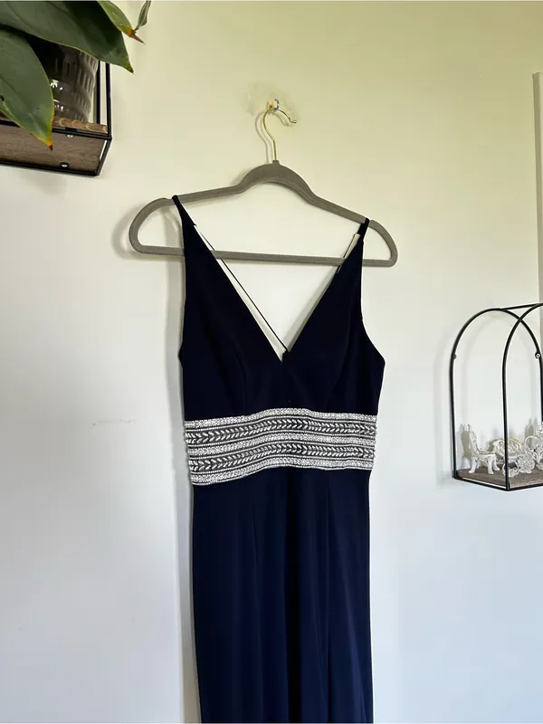 Xscape Navy Blue‎ Rhinestone V Neck Leg Slit Long Maxi Dress Formal Gown Size 4 - Image 3