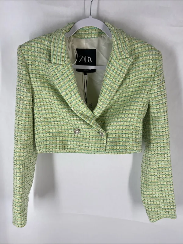 ZARA NWT Green Tweed Cropped Blazer Pearl Buttons Size XS - Image 2