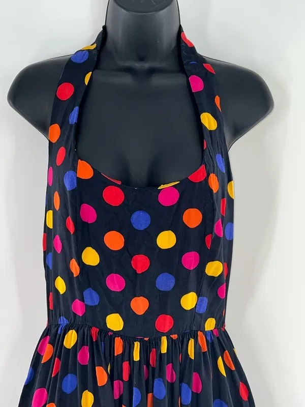 80s Glam Black Halter Polka Dot Sundress with Multicolor Dots-Size S - Image 2