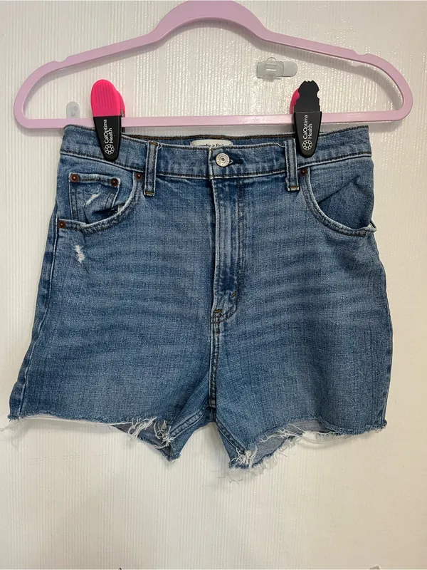 Abercrombie & Fitch Light Blue High-Rise Frayed Hem Jean Shorts - Image 4