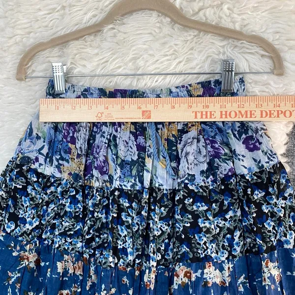 Sostanza Blue Floral Maxi Skirt Lined Stripe Patch 100% Cotton Boho Chic Casual - Image 6