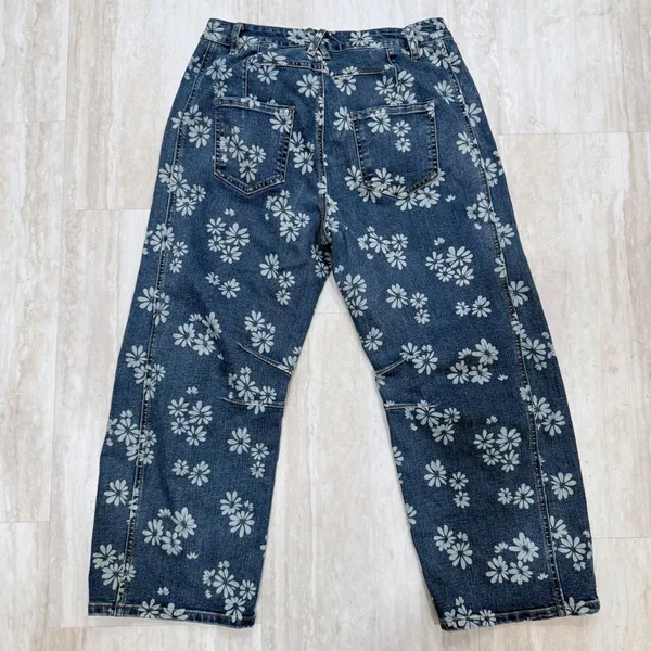 Flamingals Blue Daisy Floral Barrel Jeans Large High Rise Retro - Image 7