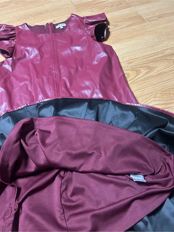 TCEC Burgundy Faux Leather Ruffle Sleeve Mini Dress Medium - Image 9