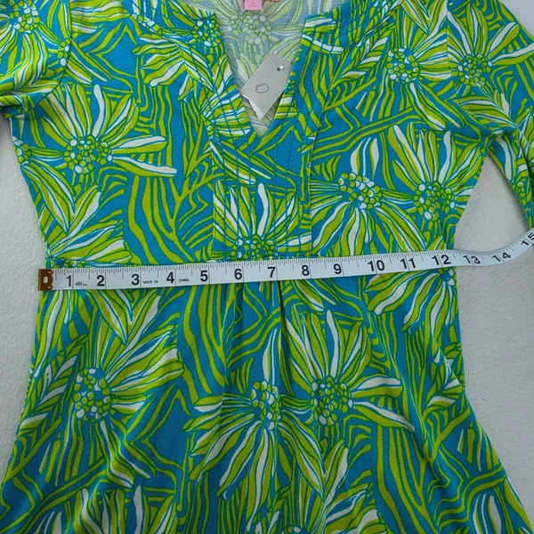 Lilly Pulitzer Silk Cotton Floral Bell Sleeve Dress Blue Green XS 96212 - Image 9