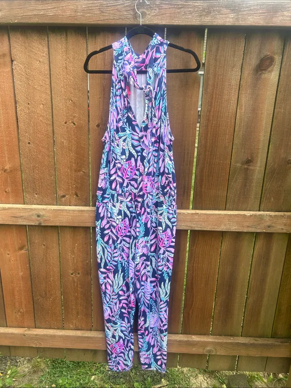Lilly Pulitzer Wyota Tropical Jungle Blue Purple Jumpsuit Size Large - Image 9