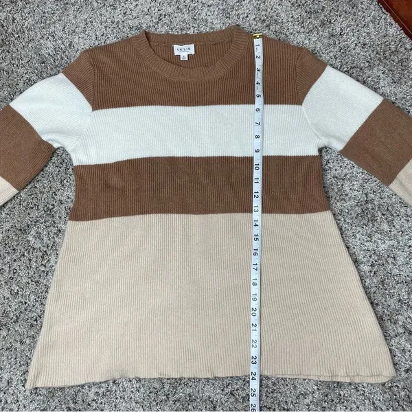 Le lis Brown White Tan Striped Colorblock Balloon Sleeve Crewneck Sweater Small - Image 9