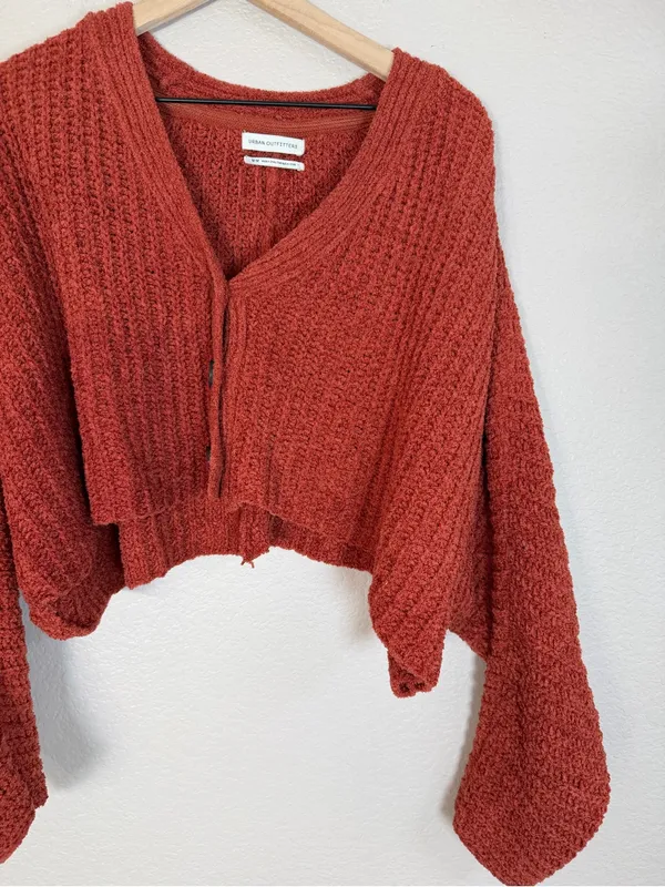 Urban Outfitters Ribbed Cozy Cropped Button Front Cardigan Sweater Burnt Orange - Image 4