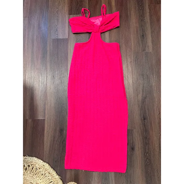 Boutique Hot Pink Twist Front Textured Cutout Bodycon Dress Barbiecore Size Small - Image 2