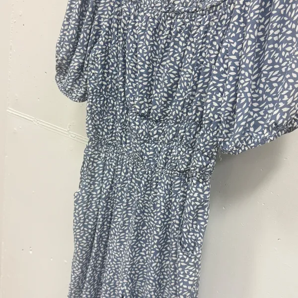 Sincerely Jules Leaf Print Smocked Waist Wide Leg Jumpsuit Medium Blue White - Image 4