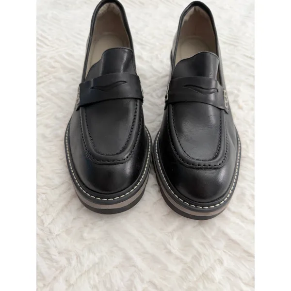 Bernardo Selma Black Leather Lug Sole Penny Loafers Chunky Stacked Heel Academia - Image 4
