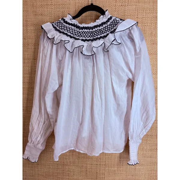 Cleobella Organic Cotton Smocked Ruffle Blouse Womens Small White Navy Tassel - Image 7