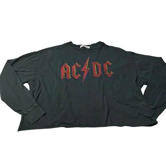 Free People Daydreamer Size S AC/DC Long Sleeve Graphic Tee Charcoal Black‎ Boxy - Image 3