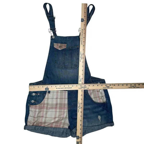 Lei Juniors L Blue Denim Overalls Plaid‎ Patchwork Shorts 100% Cotton Shortall - Image 10
