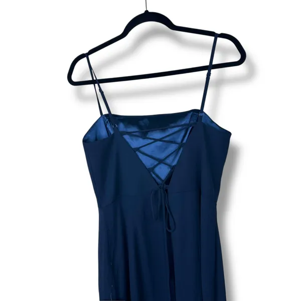 NEW Lulus Feeling Elegant Navy Blue Lace-Up Back Slit Chiffon Maxi Dress Medium - Image 9