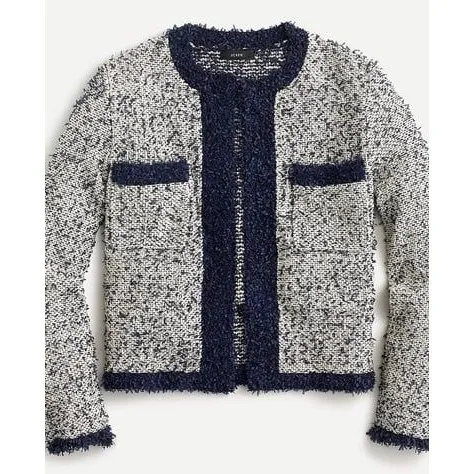 J.Crew Sz M contrast tweed white Navy Open front cropped jacket blazer cardigan - Image 3