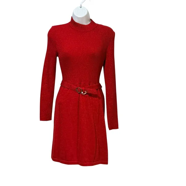 Free People Red Metallic Lurex Mock Neck Belted Ribbed Sweater Mini Dress Small - Image 3