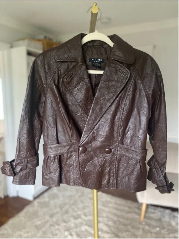Vintage Leather Double Breasted Jacket Belted Coat Quiet Luxury Parisian 90s 80s - Image 2