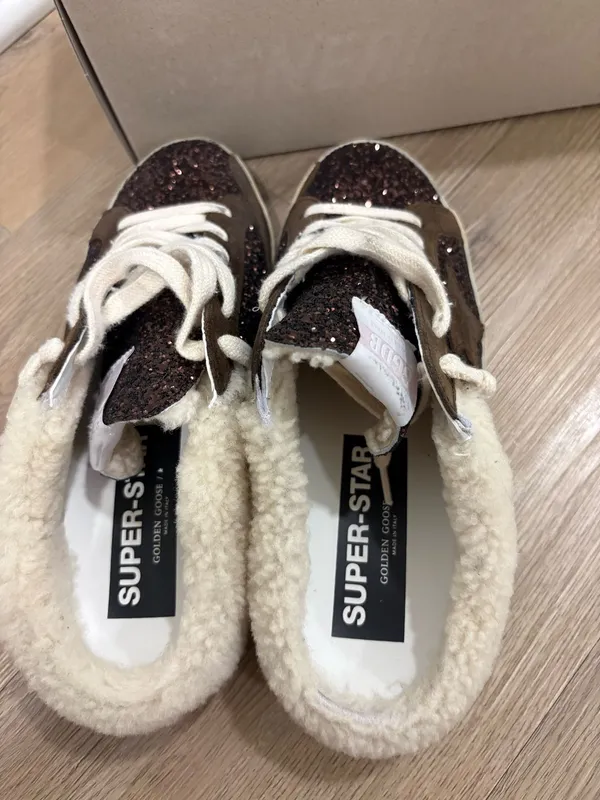 Golden Goose Super-Star Sabots in glitter with brown star and shearling lining - Image 10