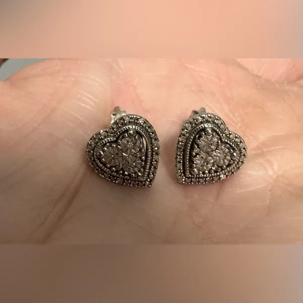 Diamond Heart Earrings 1/10 ct tw Sterling Silver 925 - Image 2