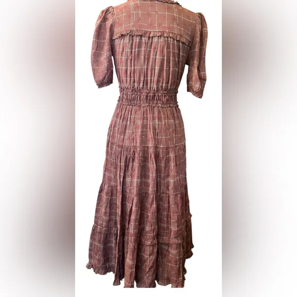 by the RiverTiered Puff-Sleeve Midi Dress in Warm Brown size S - Image 3