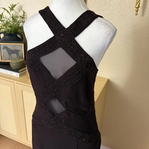 Vintage Cache Brown Dress Bronze Beading Mesh Cutouts Size 8 Formal‎ - Image 4