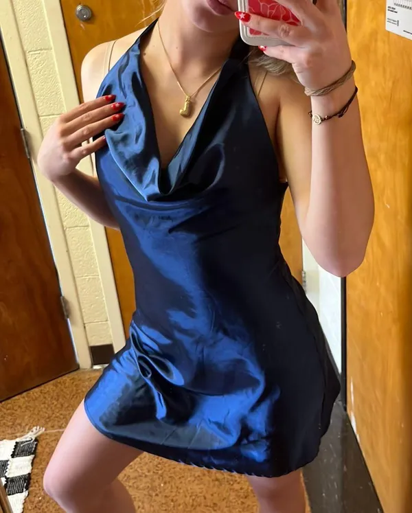 blue silk cowl neck dress - Image 2