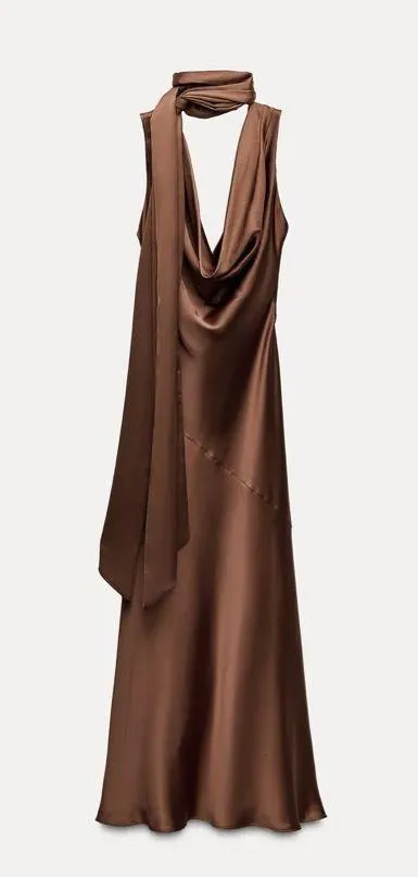 Zara maxi halter scarf satin plunge neck Brown Evening Wedding - Image 8