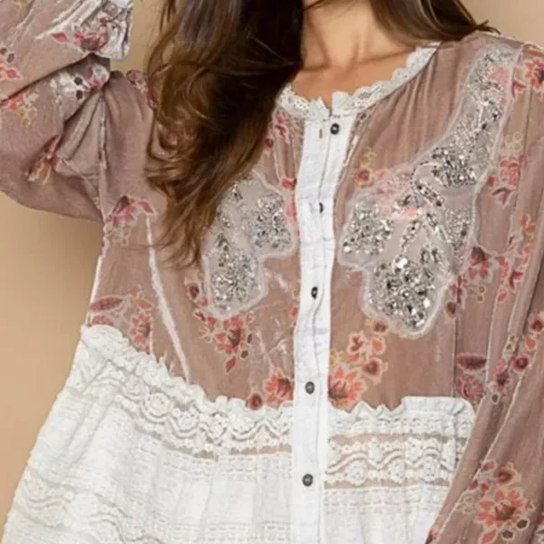 POL Velvet Burnout Lace Combo Embellished Tunic in Beige Combo sz medium - Image 5