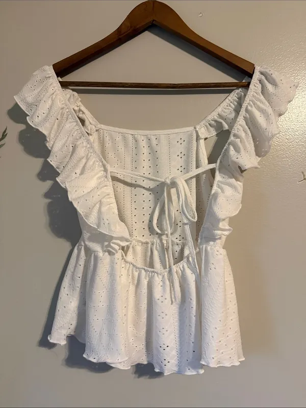 She in Medium White Eyelet Ruffle Sleeve Peplum Top - Image 2