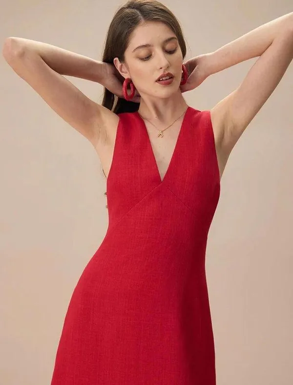 RIHOAS The Red V Neck Sleeveless Linen Mini Dress S 48 - Image 4