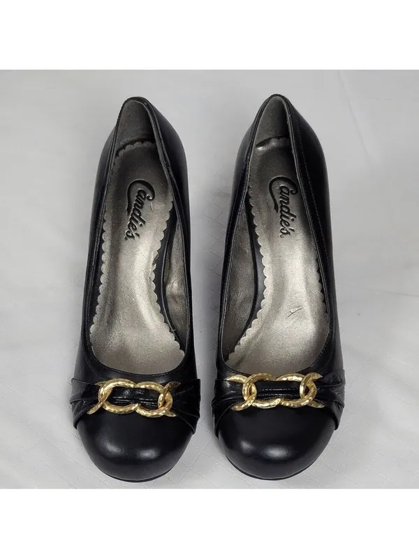 Candies Black Faux Leather Chunky Kitten Heels Pump With Gold Chain Bow Sz 8 M - Image 4