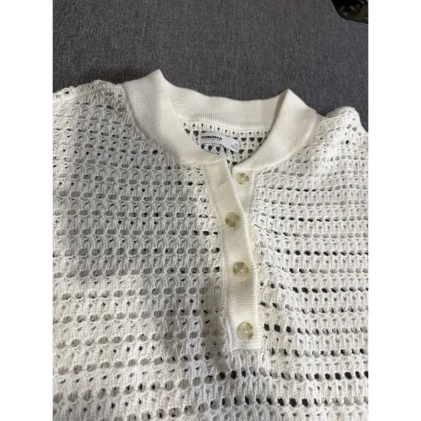 Sonoma Goods For Life White Open-Knit Collared Short Sleeve Pullover Sweater M - Image 4