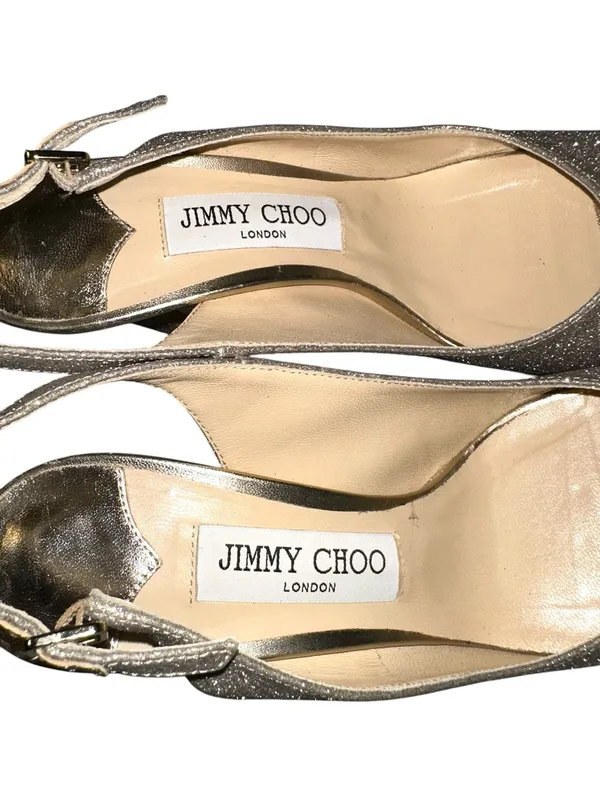 Jimmy Choo Nova Platinum Glitter Peep-Toe Slingback High Heels 37.5 - Image 3