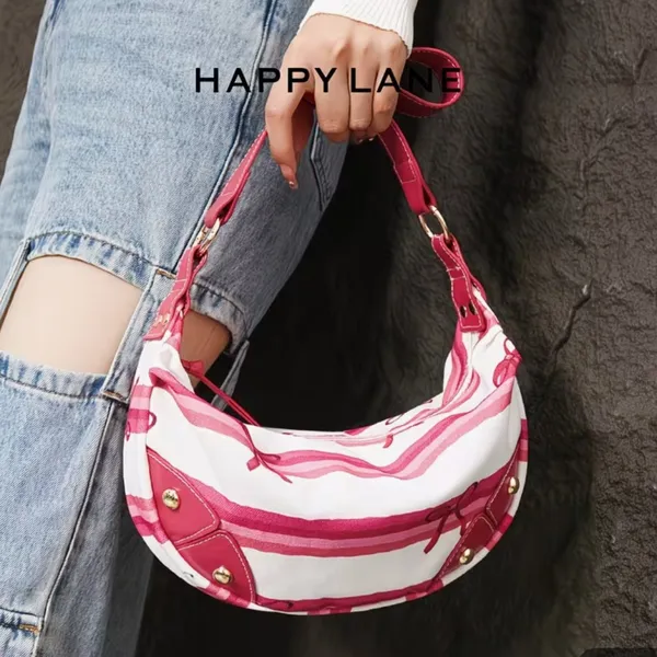 Pink Stripe Coquette Crescent Hobo Shoulder Bag Scarf Print NIP - Image 6