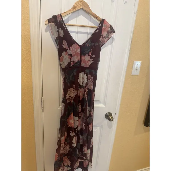 Abercrombie Womens Floral Maxi Dress Size XXS Tall Burgundy Lace - Image 2