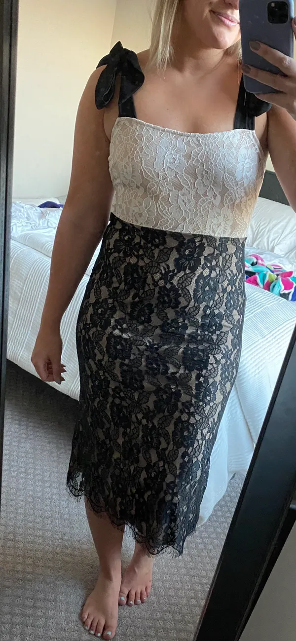 Lulus Black And White Lace Midi Dress - Image 3