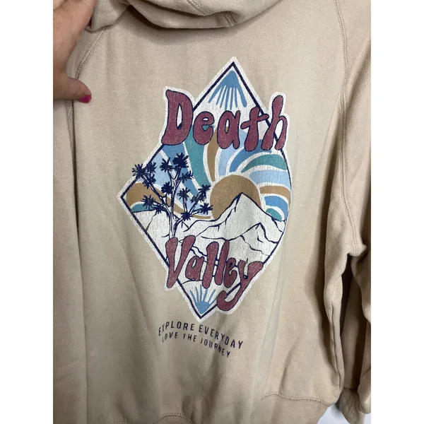 Unbranded Death Valley Hoodie Womens XL Tan Excellent Graphic Back Print Raglan - Image 4