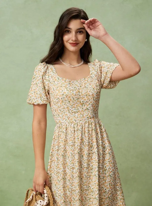 Rihoas Yellow Floral Puffed Sleeve Midi Dress - Image 2