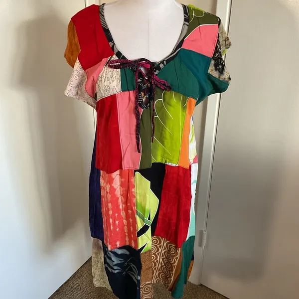 Peaceful People Multicolor Patchwork Rayon Resort Sundress S M Beach Cover Up - Image 2