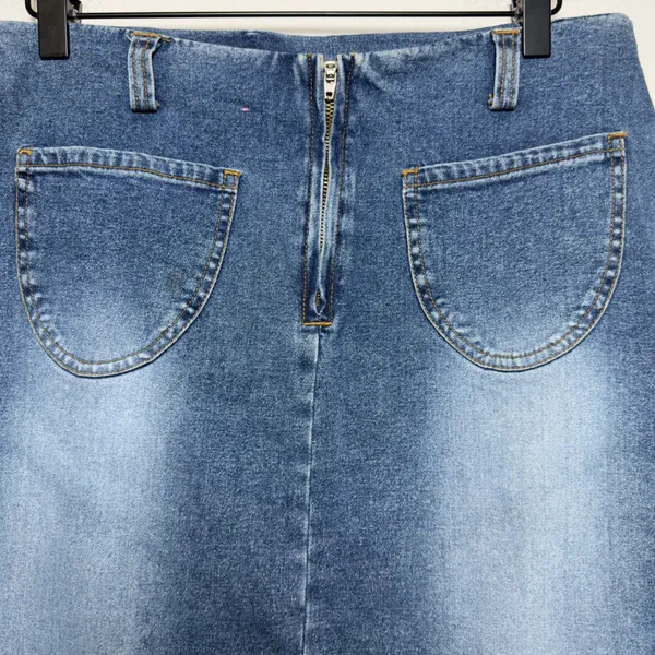 Women VTG y2k Blue Denim Asymmetrical Skirt with‎ Brown Faux Suede Fringe Hem - Image 7