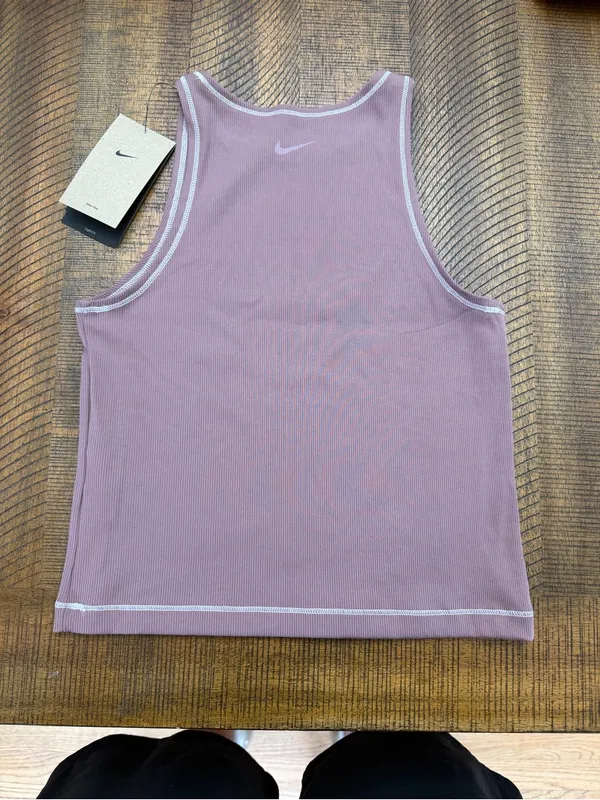 Nike One Dri-FIT Ribbed Tank Top in Mauve with White Trim - Image 2